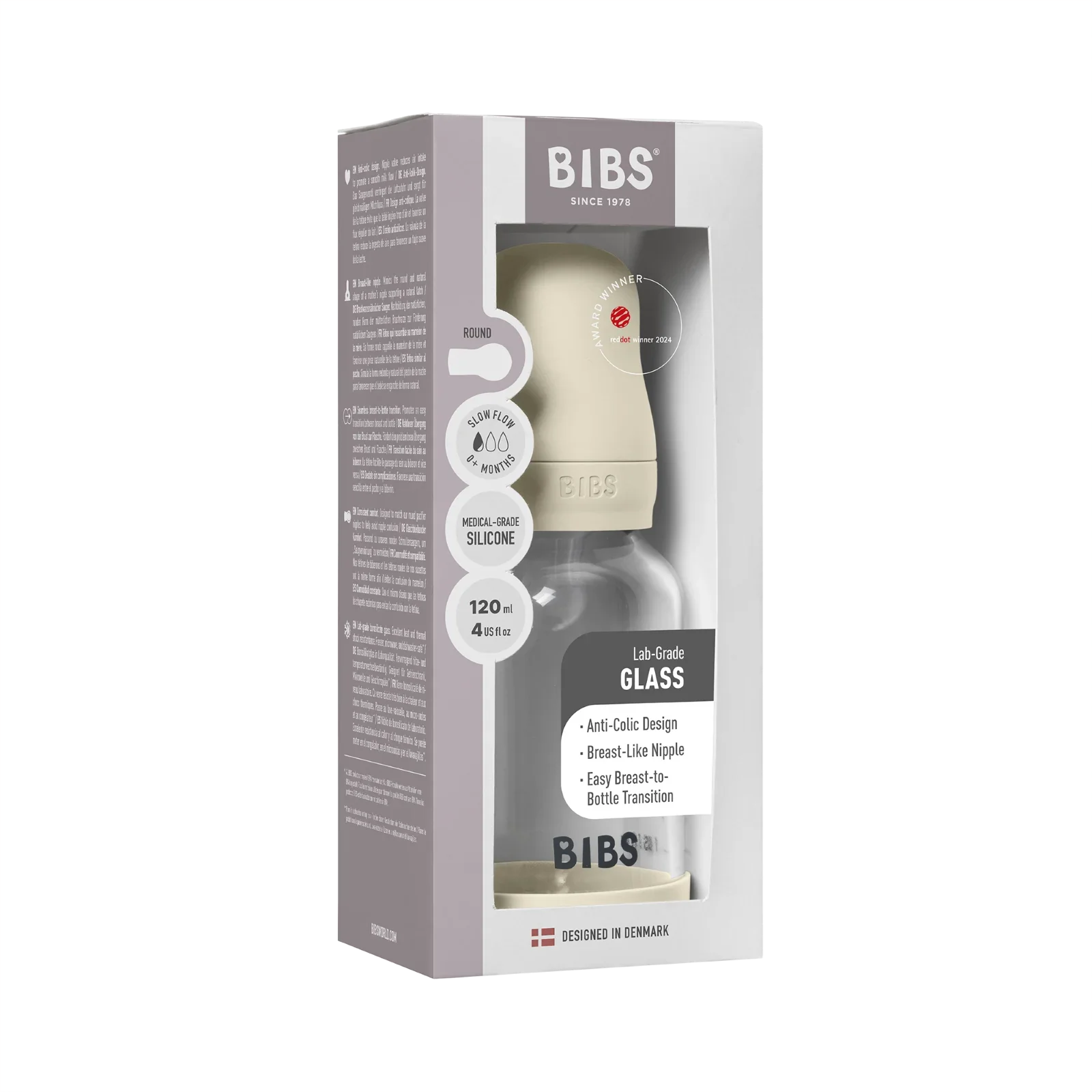 BIBS - Otroška steklena steklenička 120 ml, silikon - Ivory (počasni pretok) - 50191216 Luxbaby