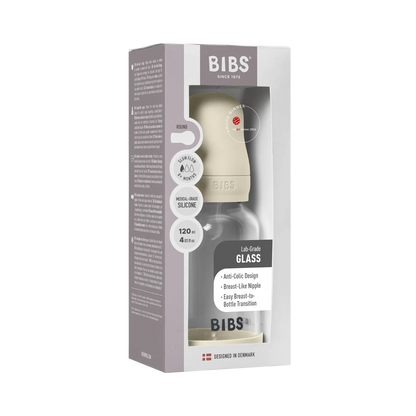 BIBS - Otroška steklena steklenička 120 ml, silikon - Ivory (počasni pretok) - 50191216 Luxbaby