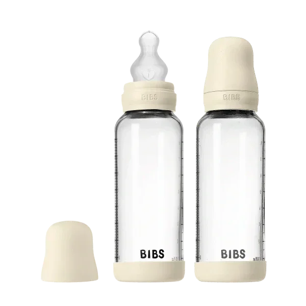 BIBS - Komplet 2 otroških steklenih stekleničk 240 ml, silikon - Ivory (srednji pretok)